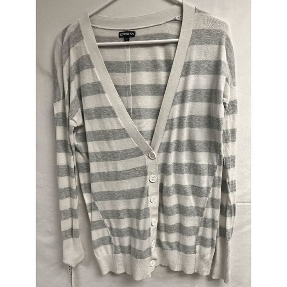 Express Womens 3/4 Sleeve Open Front Cardigan Sweater Size Medium Striped Gray - Picture 1 of 6